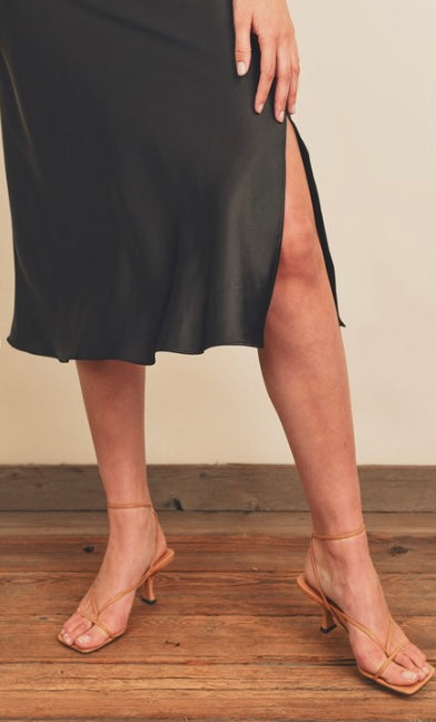 Drawstring Satin Midi Slip Skirt